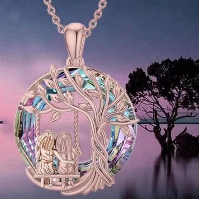 Árbol de la vida Hermana en el columpio Collar con colgante de cristal oro rosado